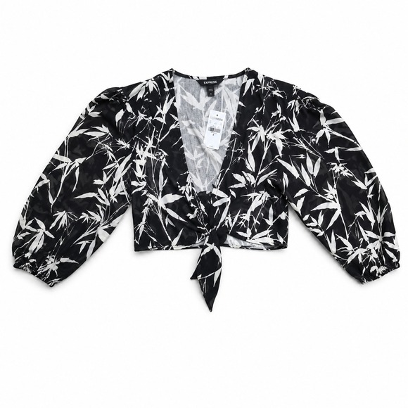 Express Tops - Express Top Women's Medium Black Cropped‎ Front Tie Leaf Print